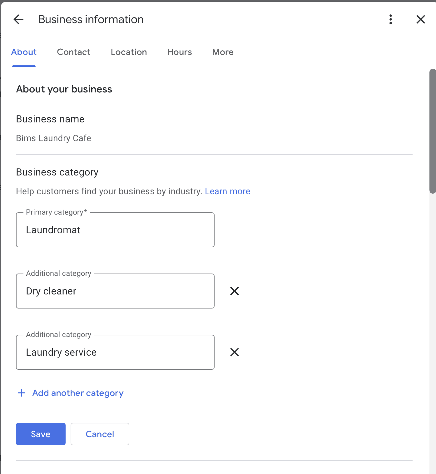 Laundromat Google Business Profile category settings, primary and secondary categories