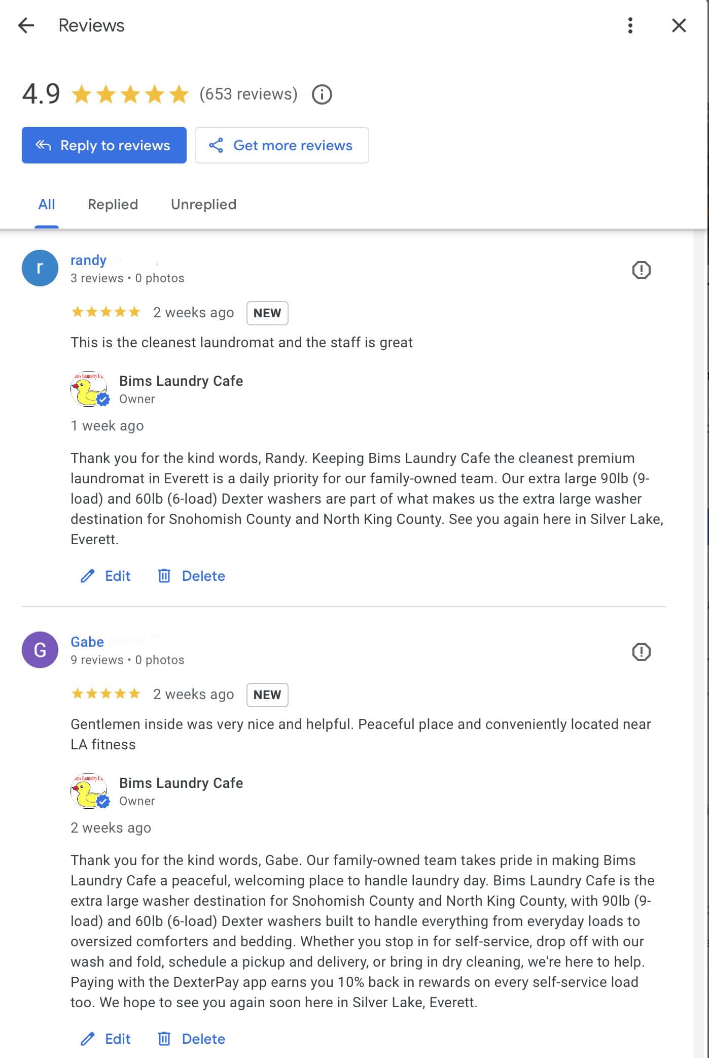 Example of a laundromat owner responding to Google reviews