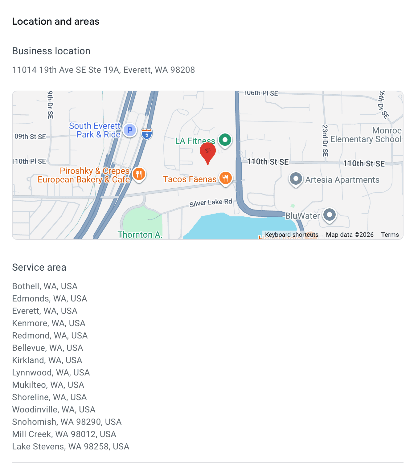 Laundromat Google Business Profile service area covering fourteen cities