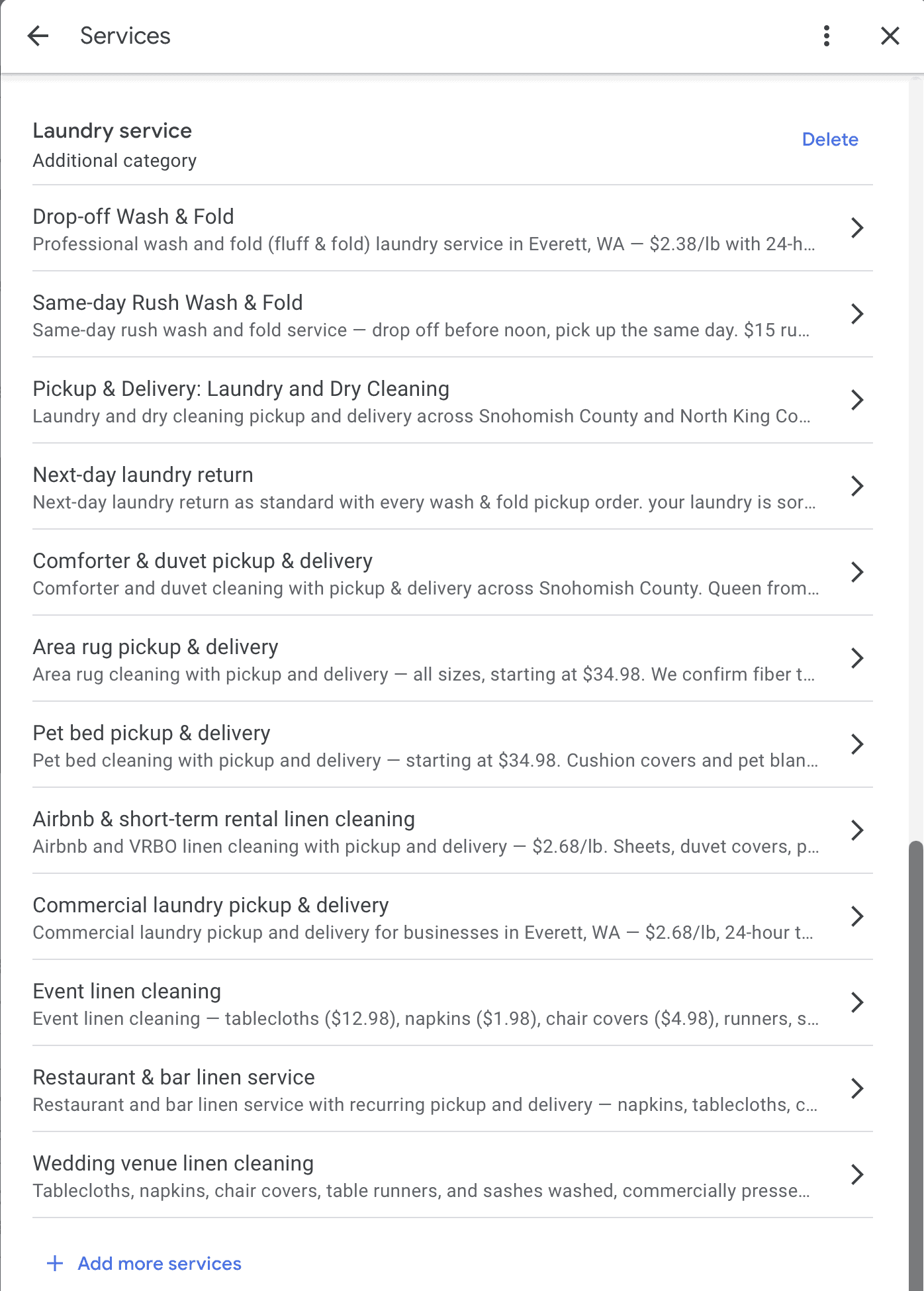 Laundromat Google Business Profile services list with descriptions
